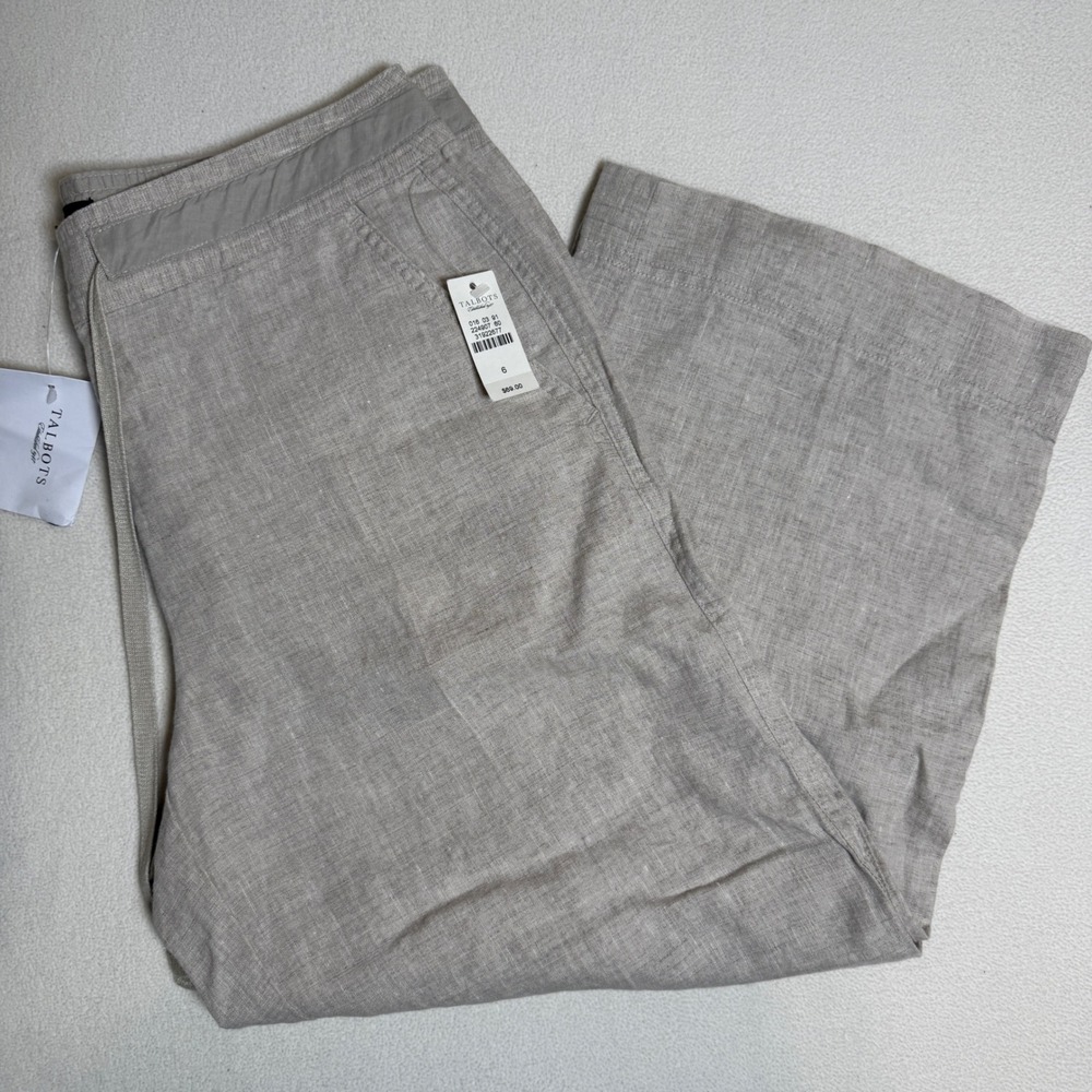 Talbots 100% Linen Wide Leg Cropped Pants Drawstring Waist Casual‎ Beige Size 6